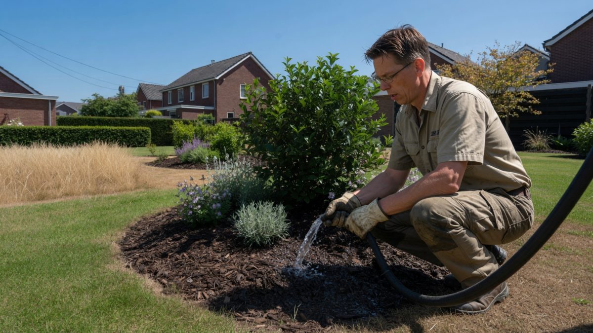 Hovenier geeft water aan een pas gemulchte border in de tuin