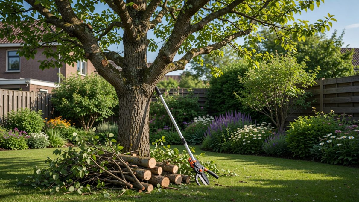 Gesnoeide boom met een stapel snoeihout en tuingereedschap in een verzorgde tuin