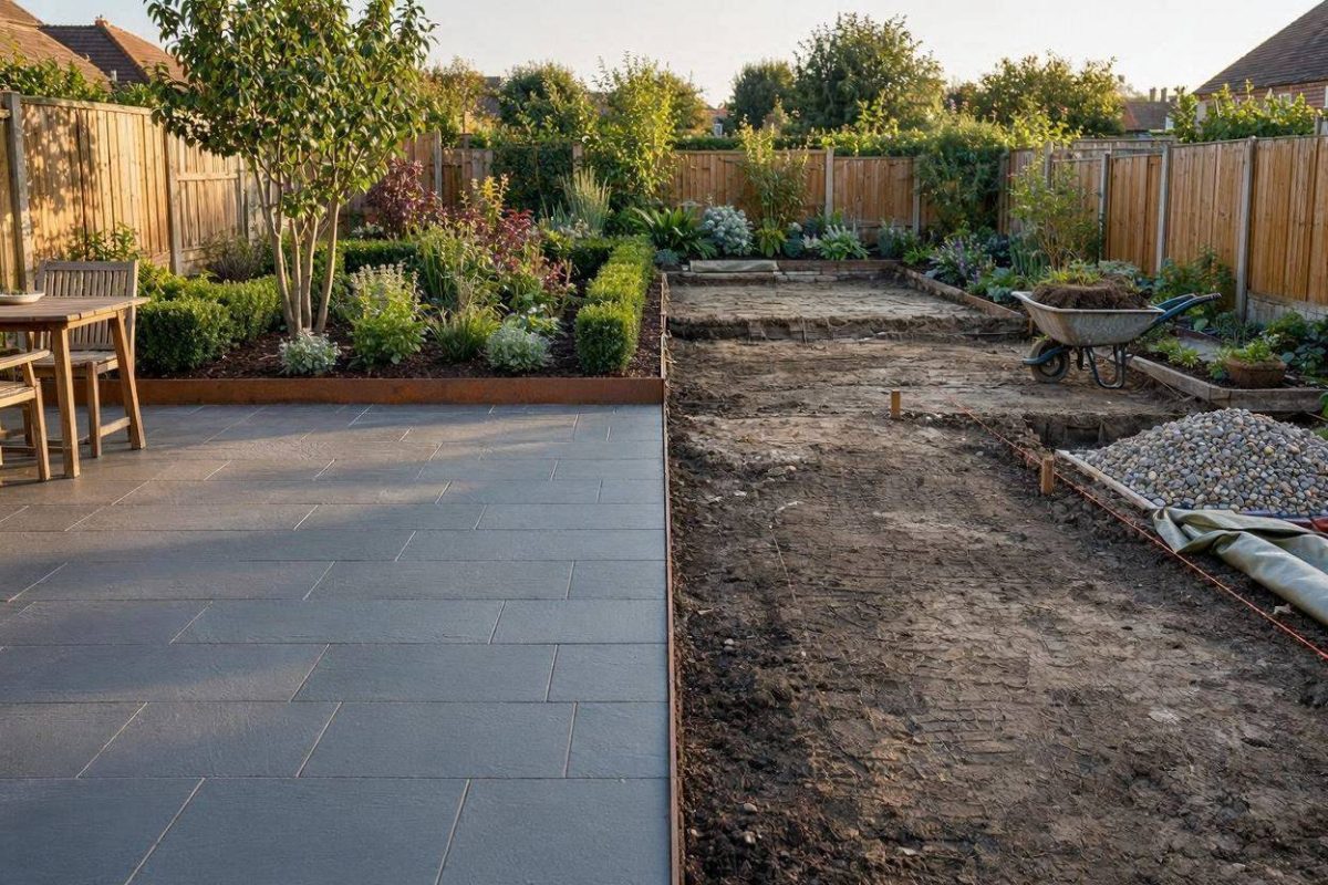 Tuin die in fases wordt aangelegd, deel gereed en deel nog in aanbouw