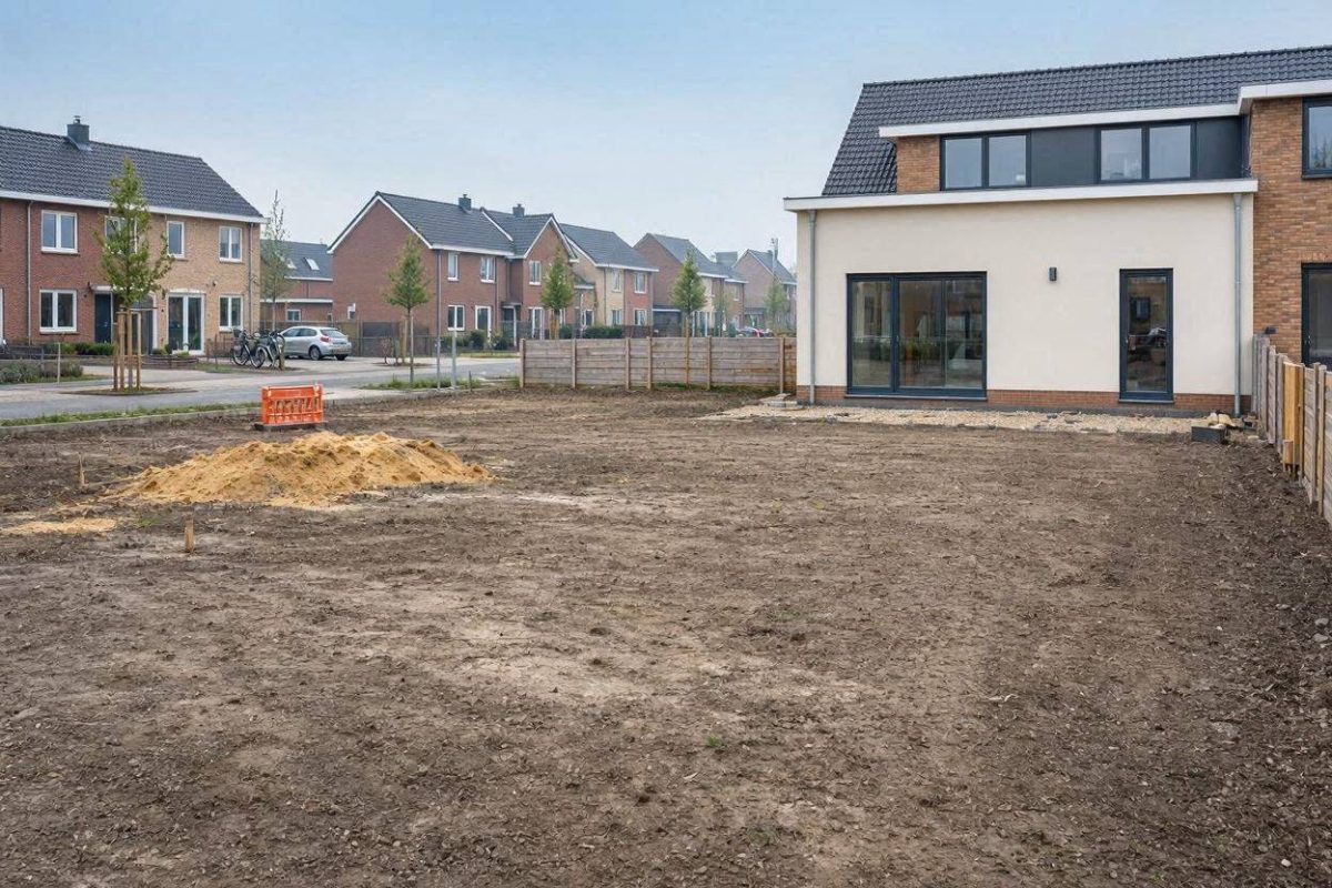 Kale grond bij een nieuwbouwwoning klaar voor tuinaanleg