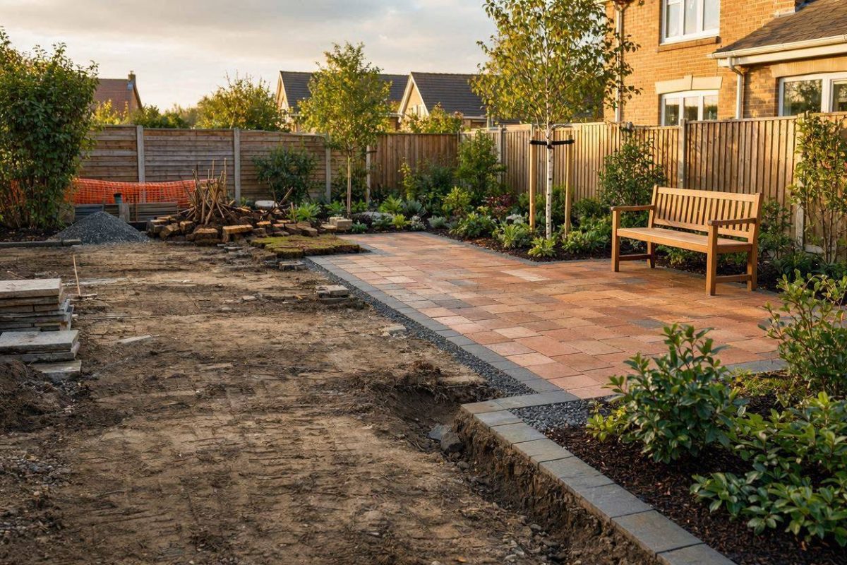 Overzicht van een tuin in verschillende fases van aanleg