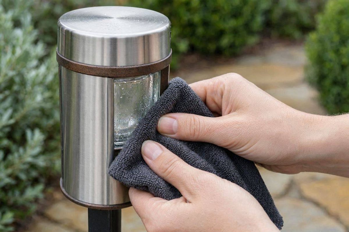 Armatuur van tuinverlichting wordt schoongemaakt