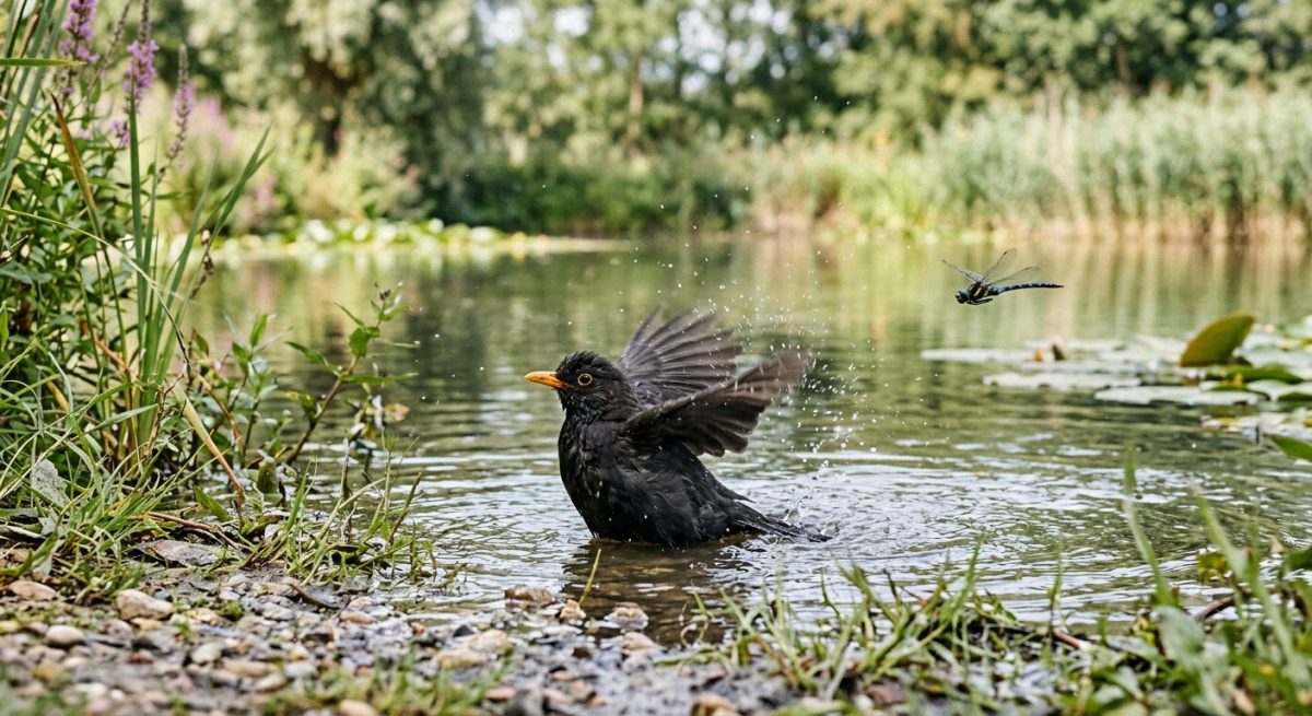 Vogel drinkt water bij een natuurlijke vijveroever