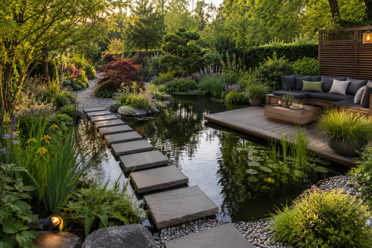 Vijver met zitplek en pad in de tuin