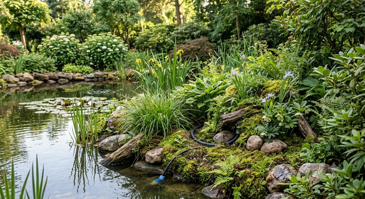 Elektra-aansluiting voor een vijverpomp in de tuin