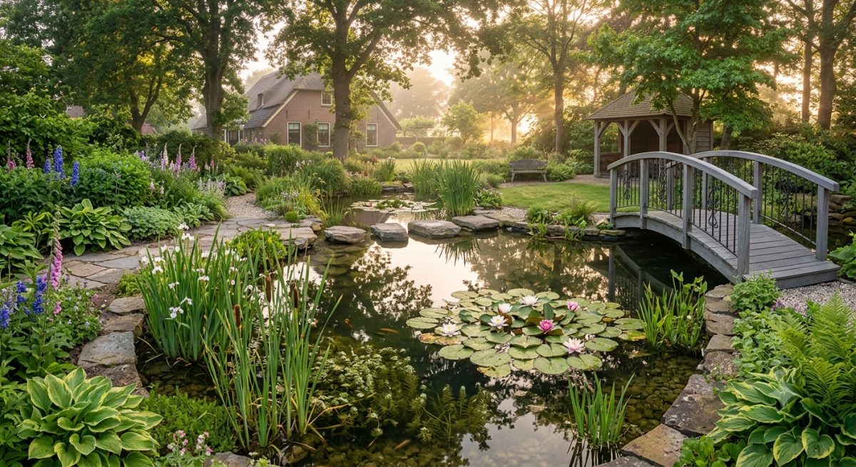 Vijver met waterplanten in een tuin