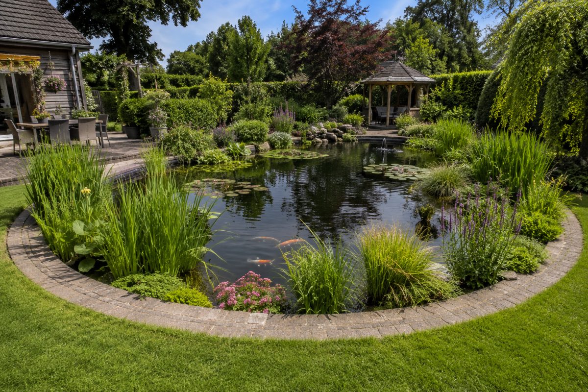Afgeronde vijver met beplanting in een tuin