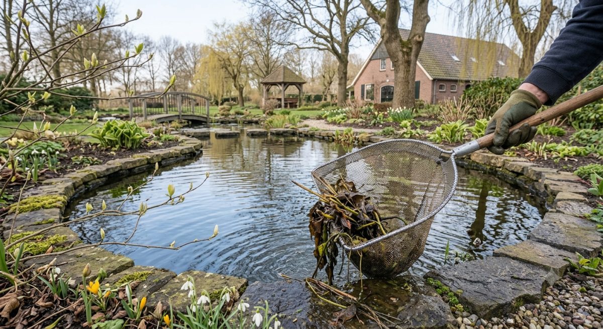 Vijver wordt in het voorjaar onderhouden