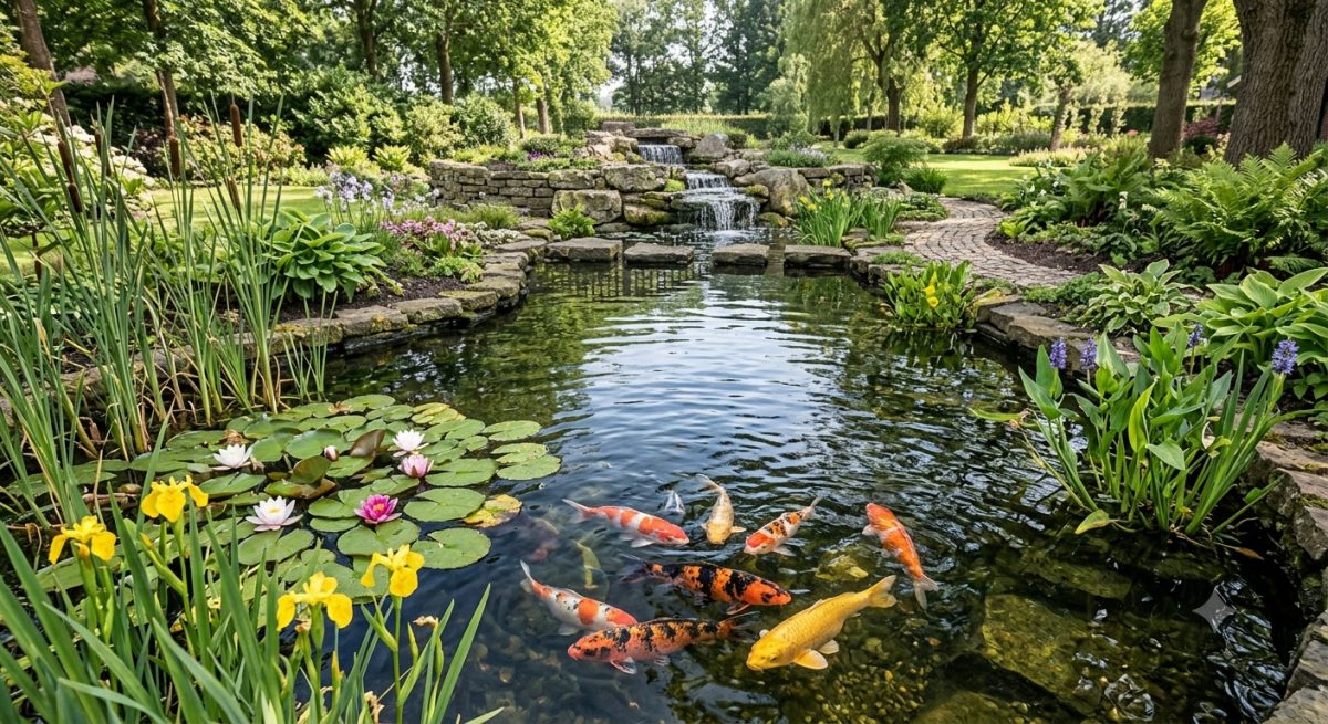 Koi zwemmen in een heldere vijver