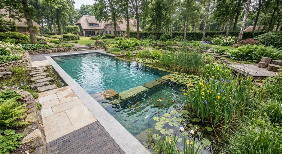 Natuurlijke zwemvijver met heldere waterpartij
